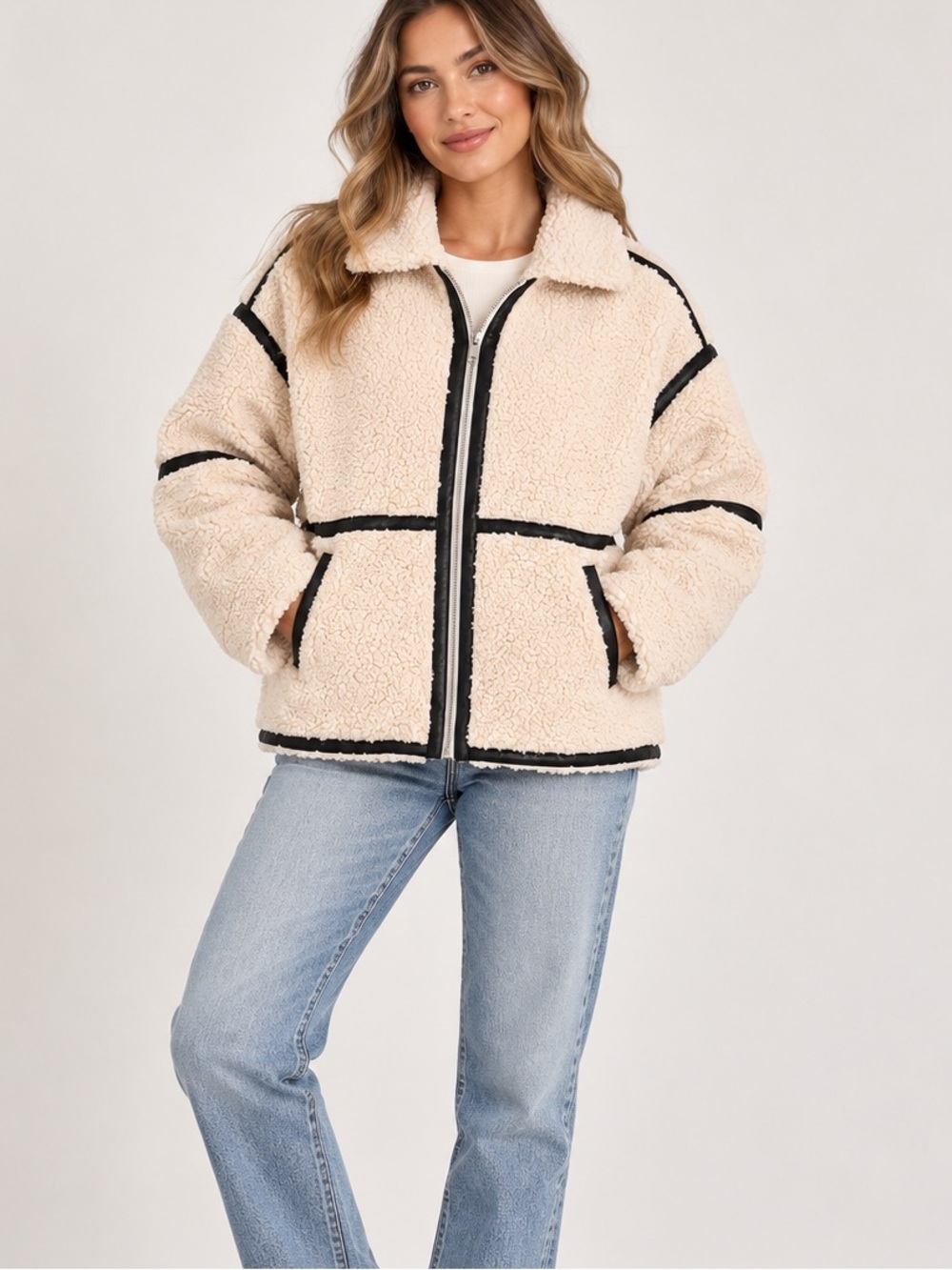 ONLY Women’s XL Cream Sherpa Teddy Fleece Jacket Black Faux Leather Trim
